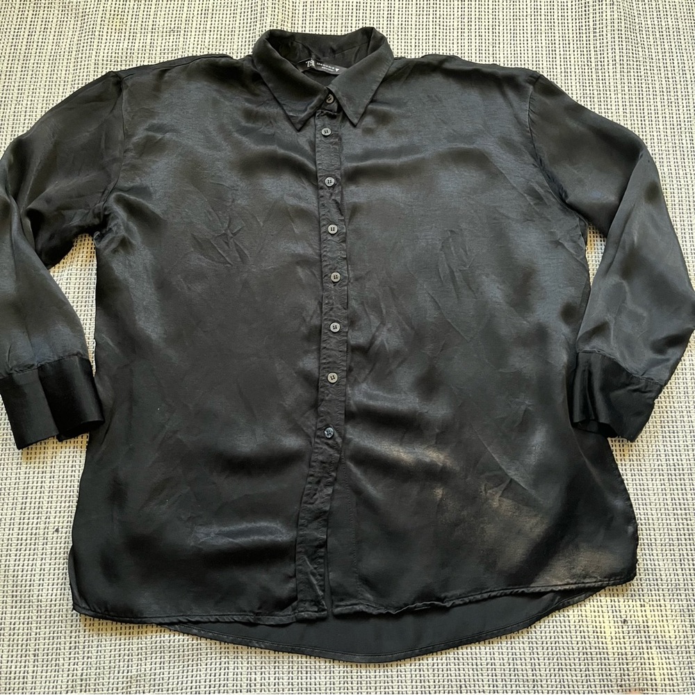 Zara Womens Black Button Down Silky Blouse Size Medium